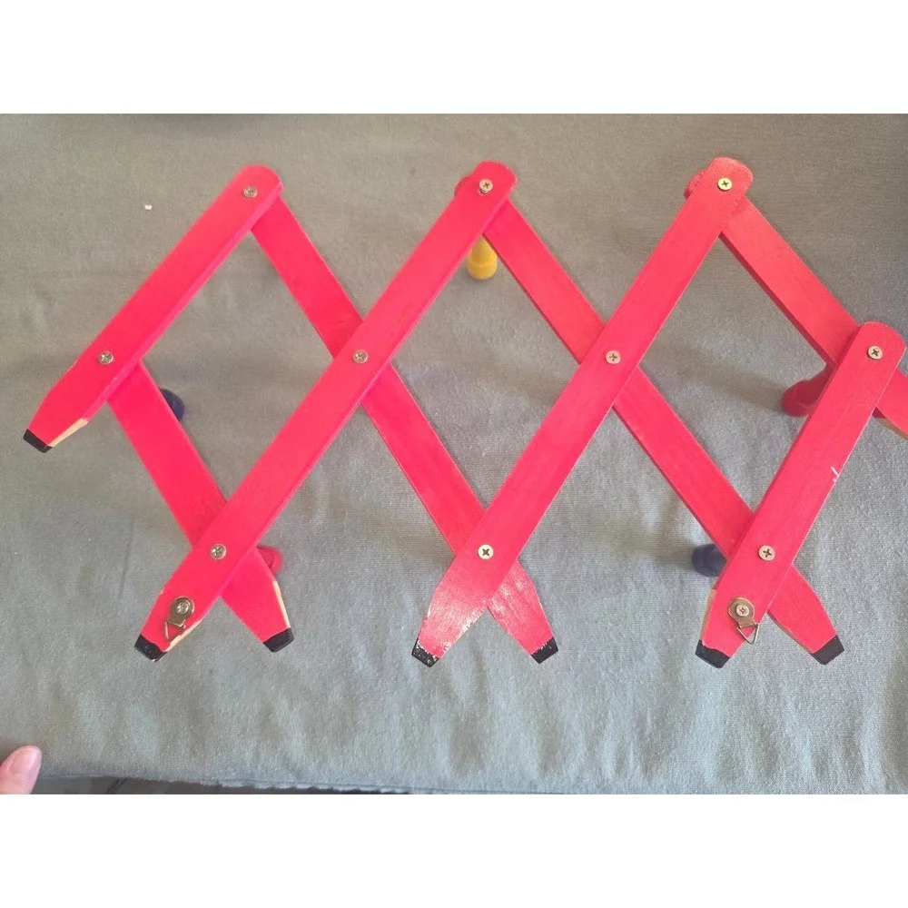 Vintage Wooden Pencil Accordion Wall Rack Expandable Peg Coat Hanger Red Multi